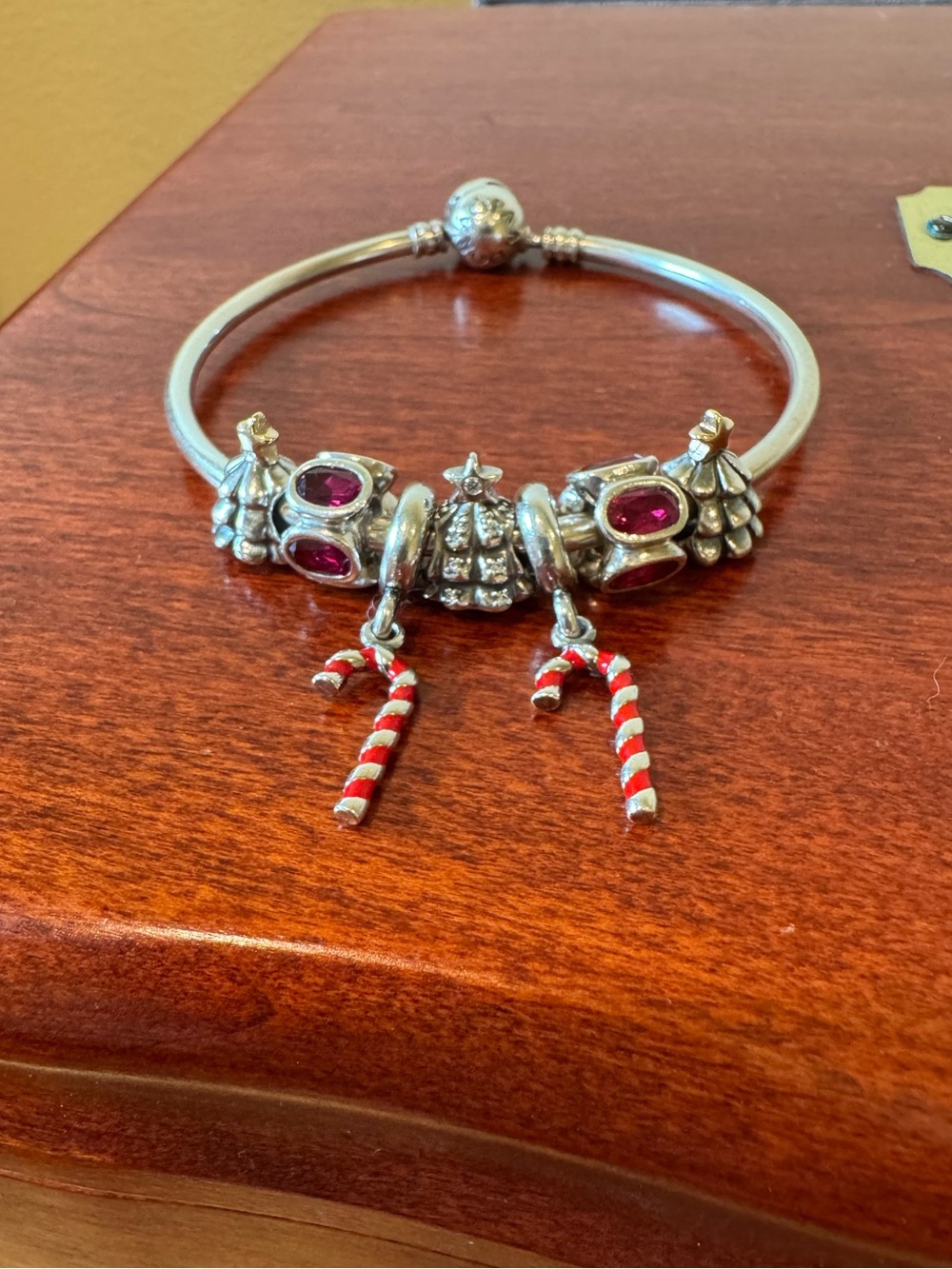 Authentic Pandora Moments Sterling Silver Bangle Bracelet with 7 Holiday Charms